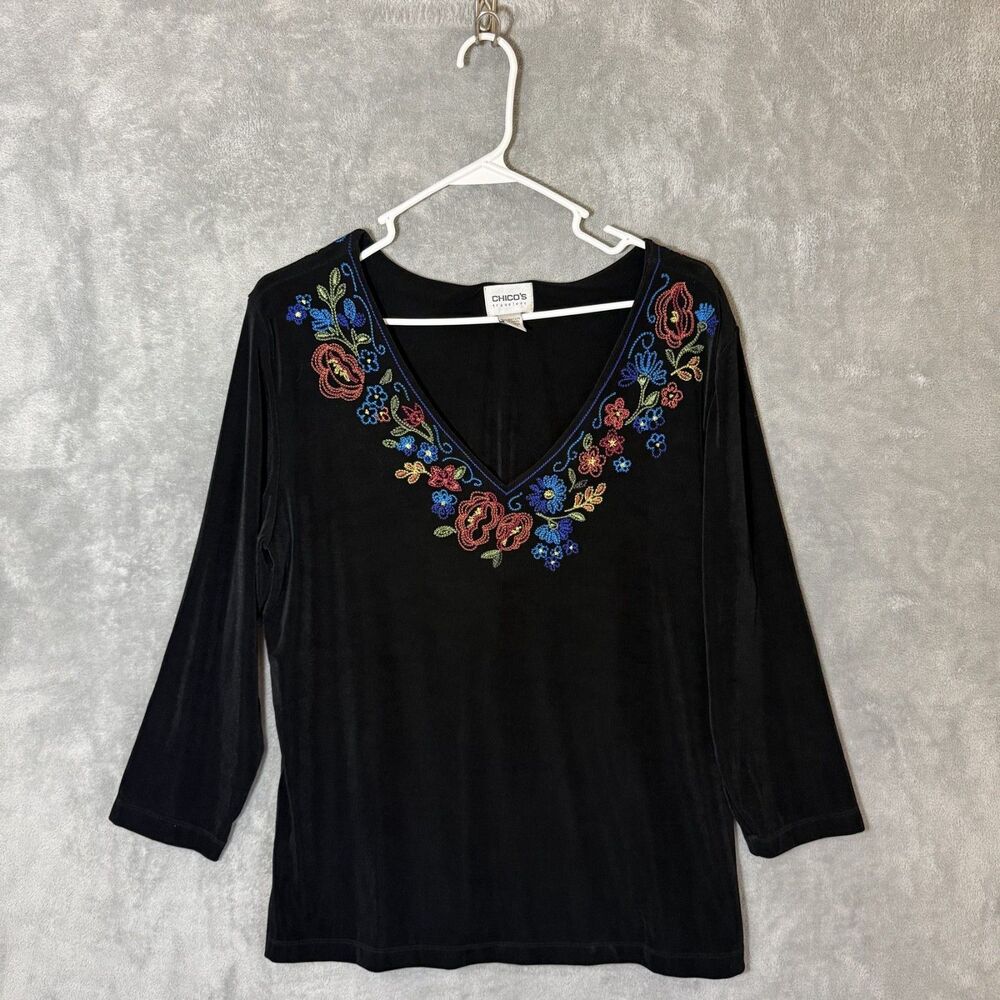 Chicos Travelers Womens 3 Black XL Floral Embroidered 3/4 Sleeve Stretch Top - Picture 1 of 7